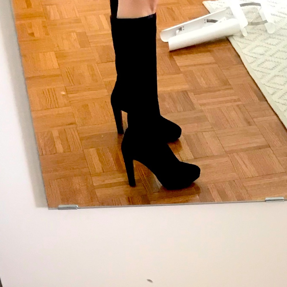 Black Suede Knee-High Boot - High Heel. Perfect for winter nights out.